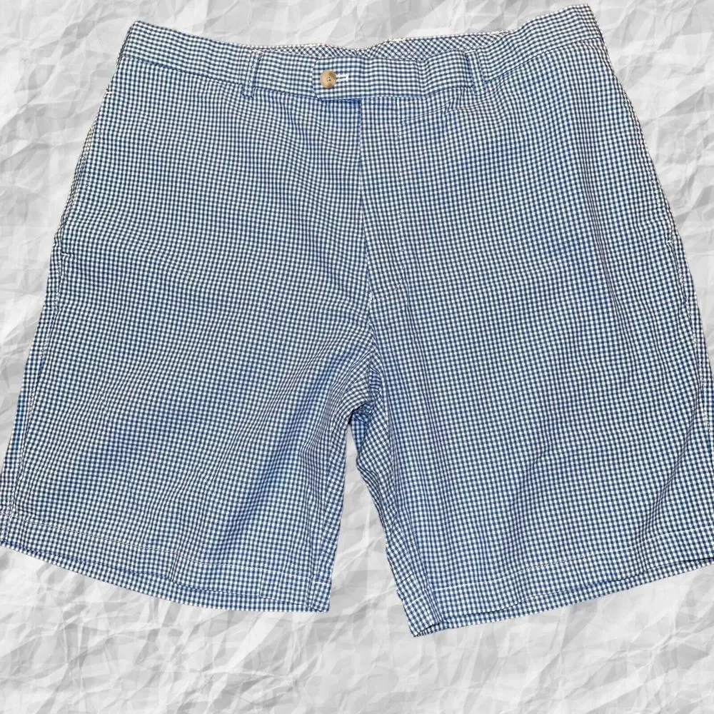 Peter Millar Chino Shorts Mens Size 36X9 Blue White Check Flat Front 100% Cotton